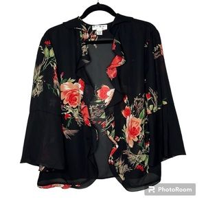 Shomi by Miller Sheer Floral Open Ruffle Front Jacket  Black Size 14